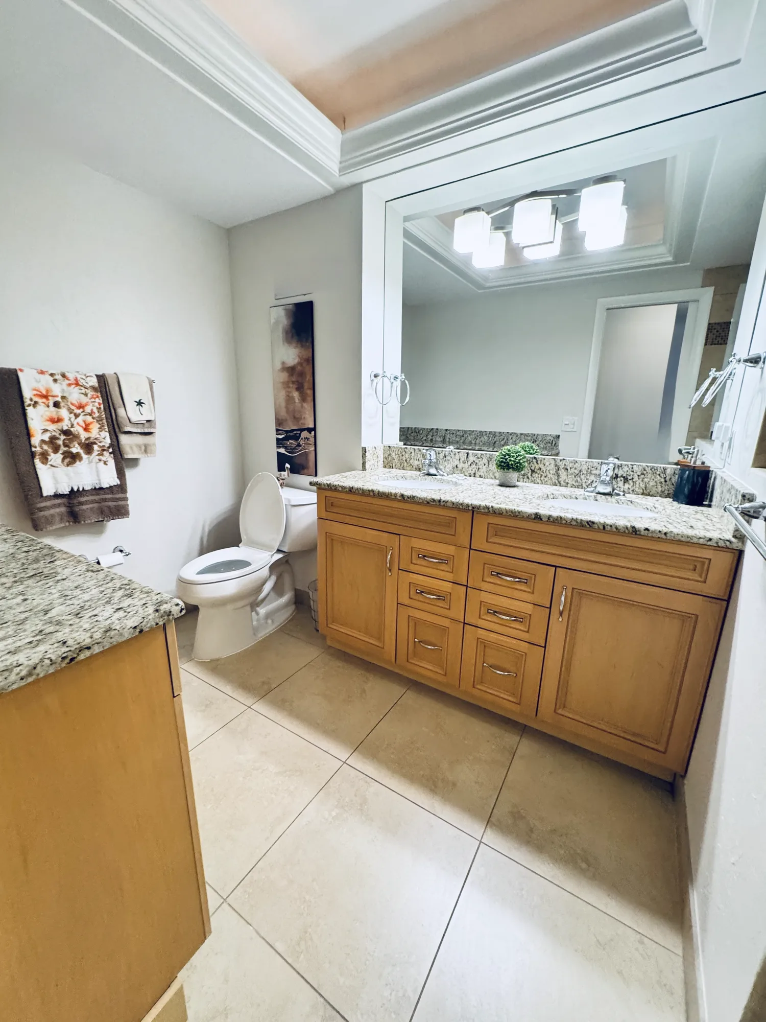 Bathroom with a wood vanity, a stone counter and a large mirror.